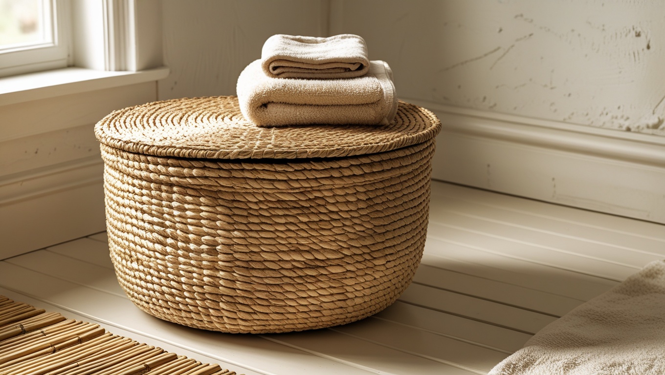 A natural woven seagrass basket with a lid sitting on a bathroom floor beside a bamboo bath mat with a folded linen towel on top