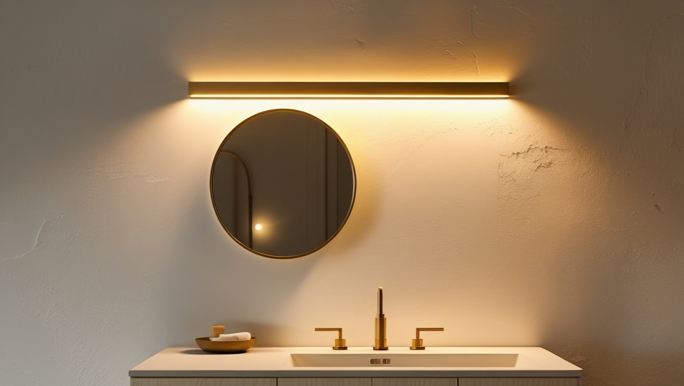 A warm white minimalist vanity light bar mounted above a round brass mirror casting soft warm light over a Japandi styled bathroom counter