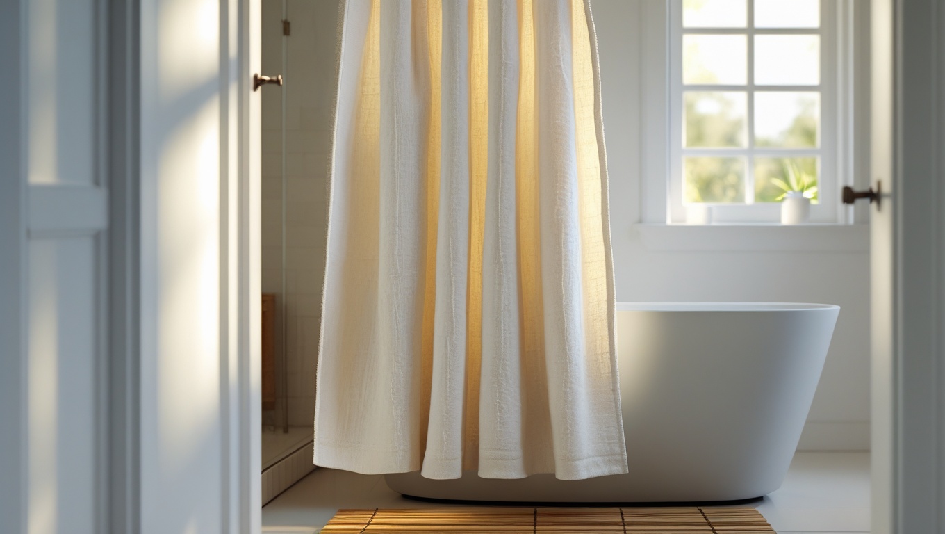 An off-white textured linen shower curtain hanging in soft natural light in a minimalist Japandi bathroom with bamboo floor mat