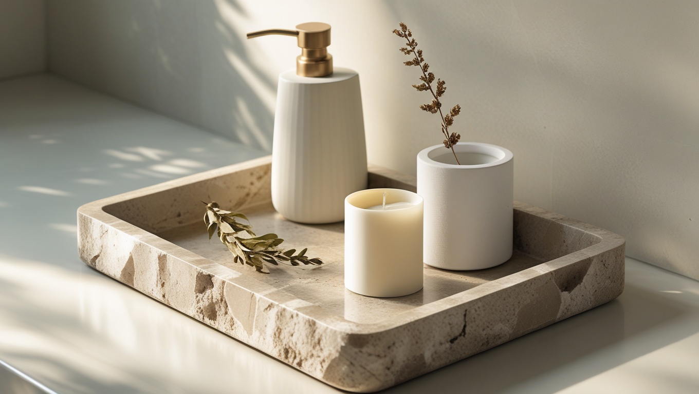 A stone resin rectangular bathroom tray holding a white ceramic toothbrush holder and accessories on a pale marble counter in natural light