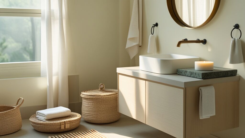 A serene Japandi-style bathroom styled with natural wood, cream linen towels, woven seagrass storage, a brass round mirror, and matte black fixtures in soft morning light