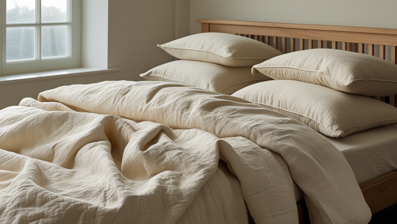 Textured cream cotton duvet cover set dressed on a minimalist wooden bed in soft morning light with neutral linen pillows