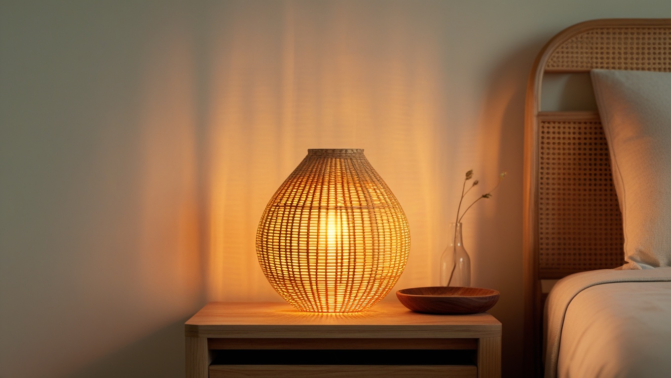 Dimmable rattan table lamp glowing with warm amber light on a wooden nightstand in a minimalist Japandi bedroom