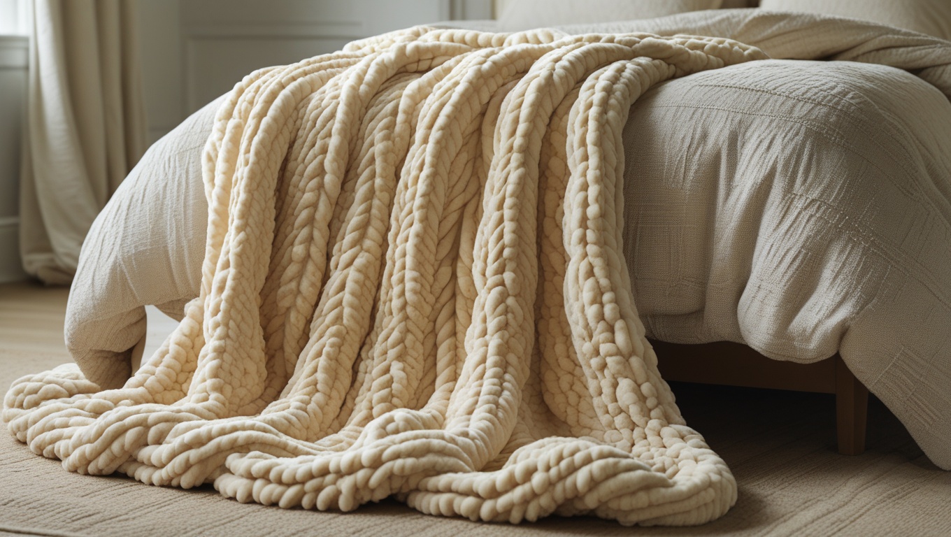 Chunky cream chenille knit throw blanket draped at the foot of a minimalist bed in soft natural light