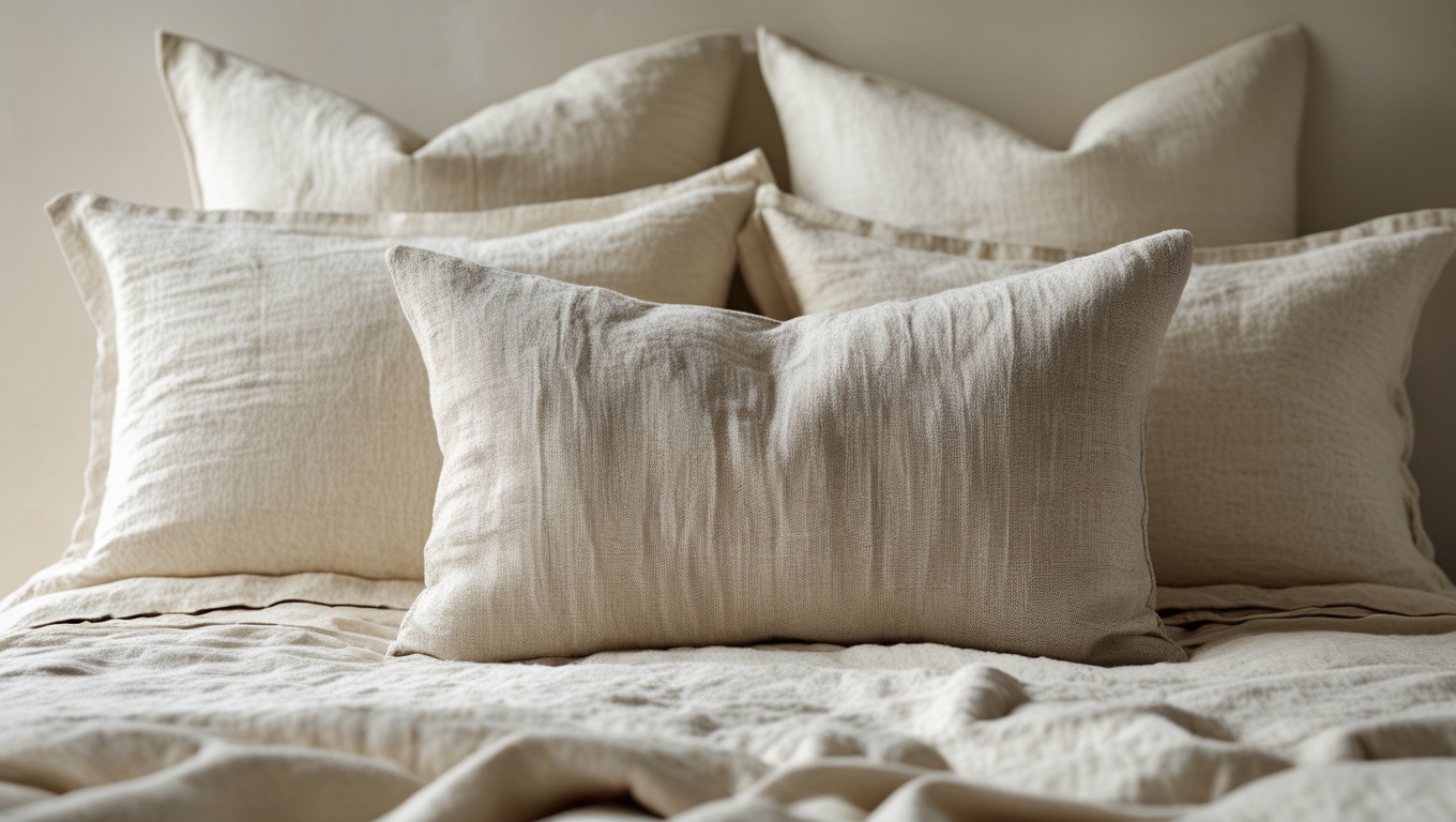 Natural linen lumbar pillow cover styled on a minimalist bed with neutral cream bedding in soft daylight