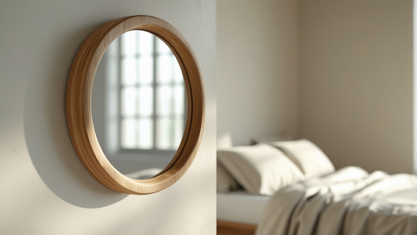 Round natural wood-framed wall mirror reflecting soft light in a minimalist Japandi bedroom
