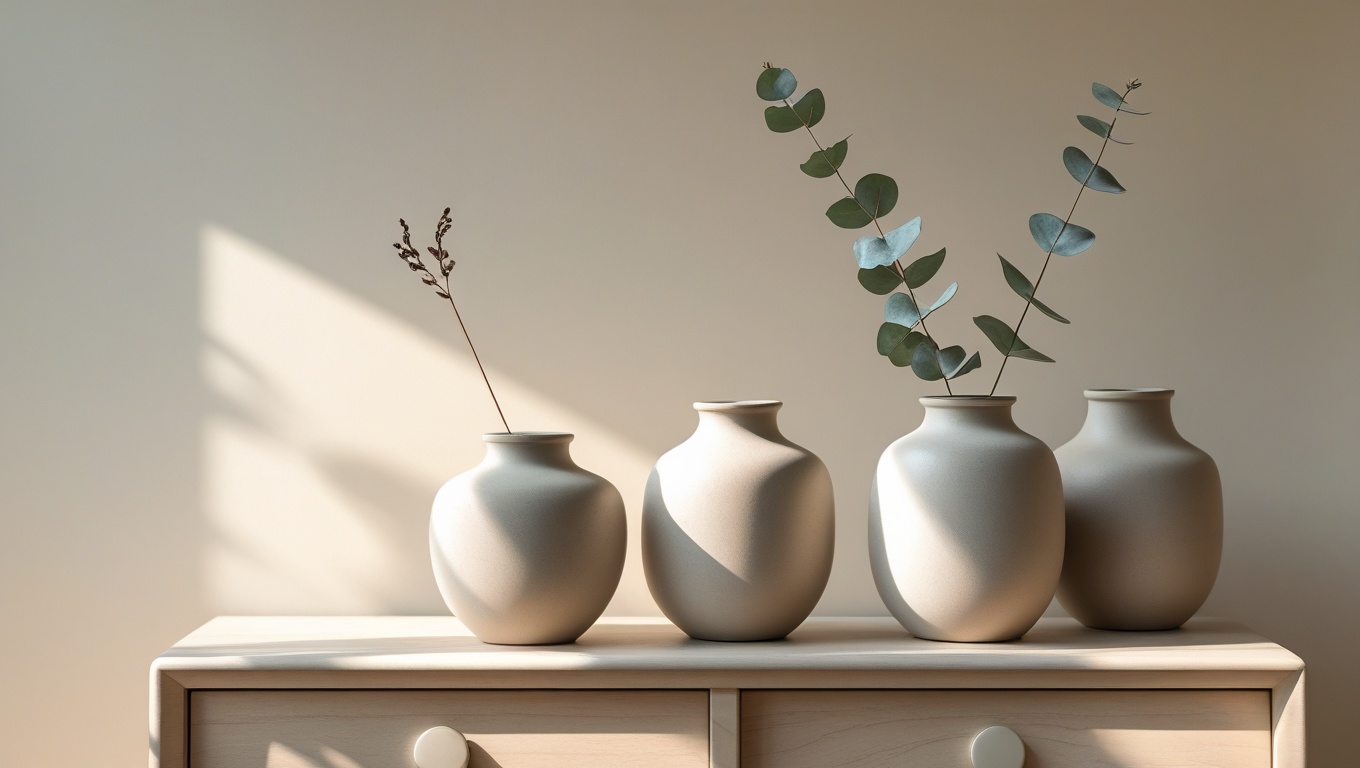 Set of matte neutral ceramic bud vases styled with dried stems on a light wood dresser in a Japandi bedroom