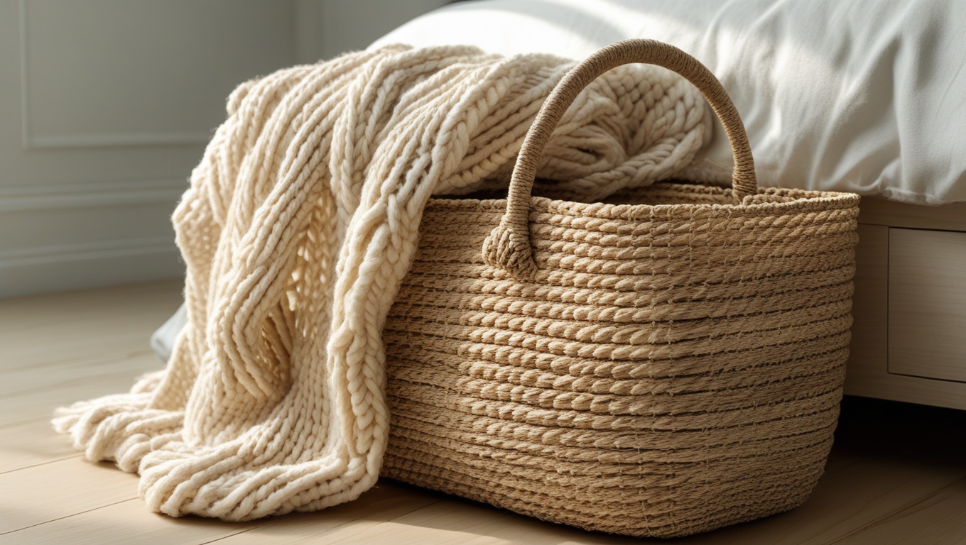 Natural seagrass basket with handles holding a cream knit throw beside the foot of a minimalist Japandi bed