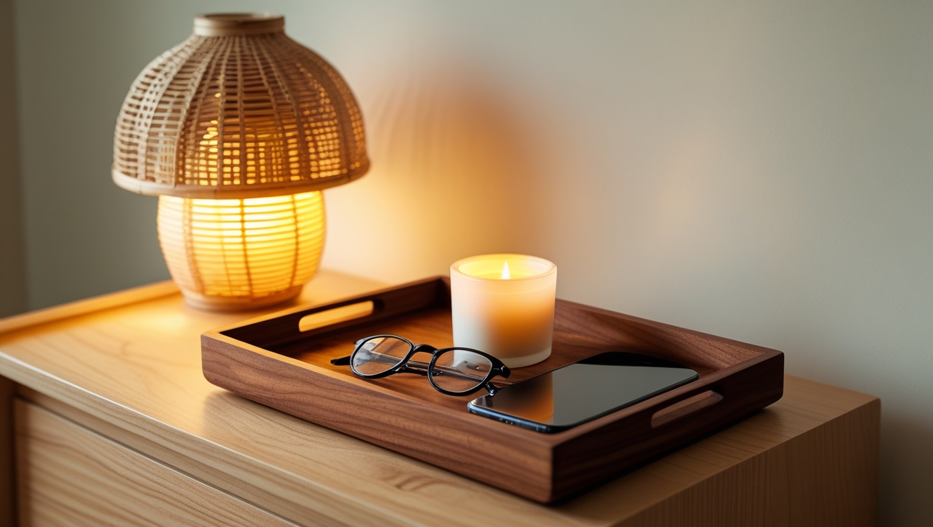 Wooden nightstand catchall tray holding small personal items on a minimalist Japandi nightstand with a rattan lamp