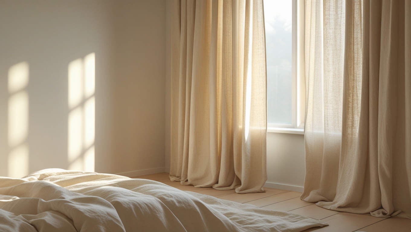 Oatmeal linen-look curtains filtering soft morning light in a minimalist Japandi bedroom with neutral bedding