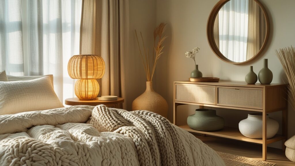 A calm Japandi-style bedroom styled with neutral textured bedding, a rattan lamp, chunky knit throw, oatmeal linen curtains, and natural wood and seagrass accents in warm morning light