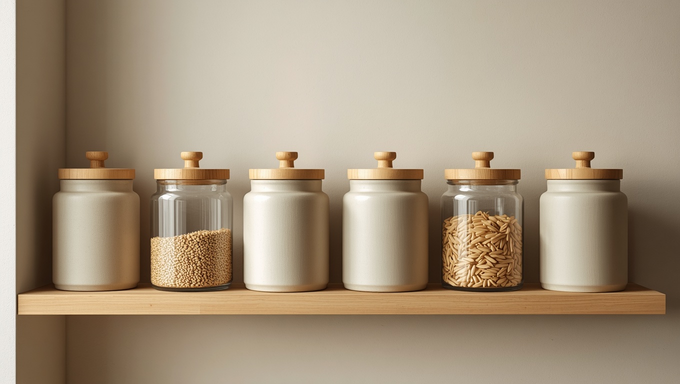 Matte stoneware canister set on an open kitchen shelf in neutral tones