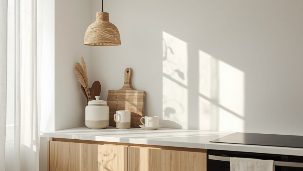 Minimalist Japandi kitchen counter styled with stoneware canisters, a bamboo cutting board, and a woven pendant light in warm natural light