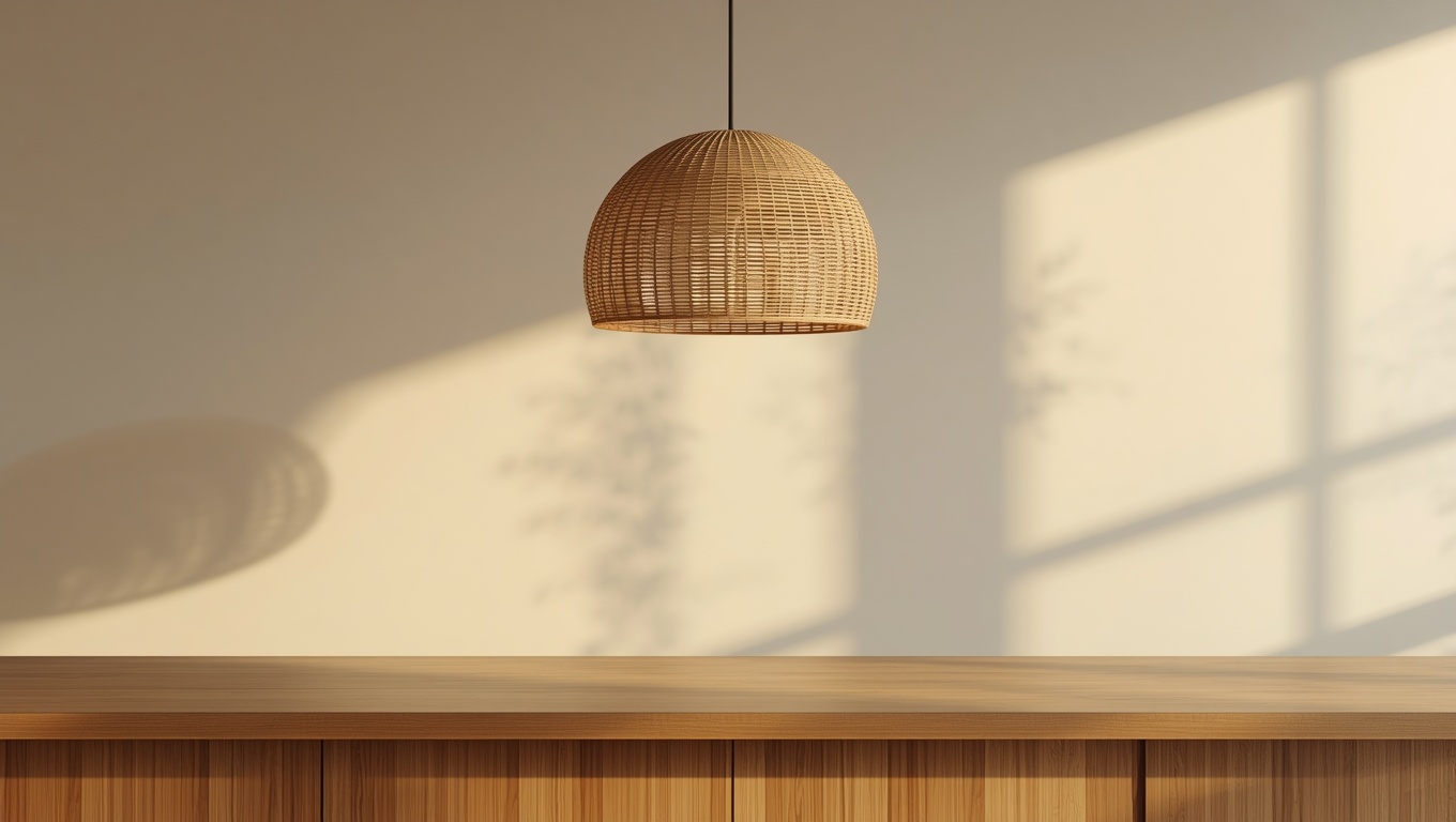 Hand-woven natural fiber pendant chandelier hanging over a kitchen island