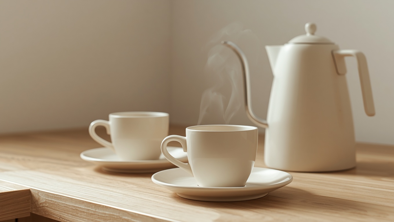 Set of matte cappuccino mugs stacked on an open kitchen shelf