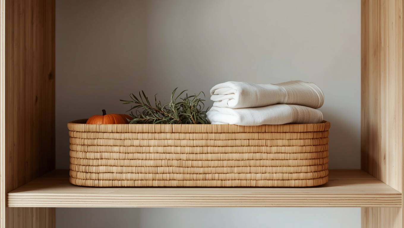 Rectangular seagrass storage basket on an open kitchen shelf