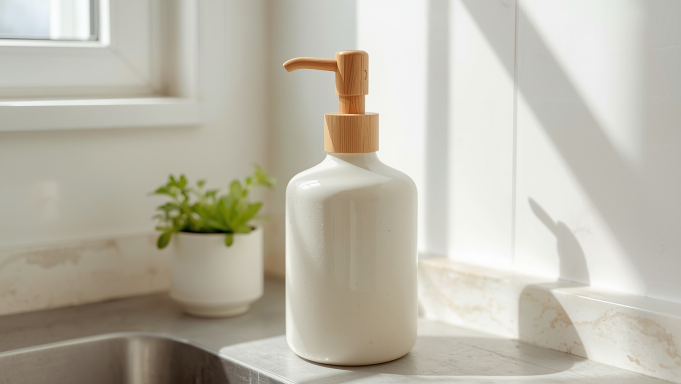 Plain ceramic soap dispenser with wood pump on a kitchen sink counter