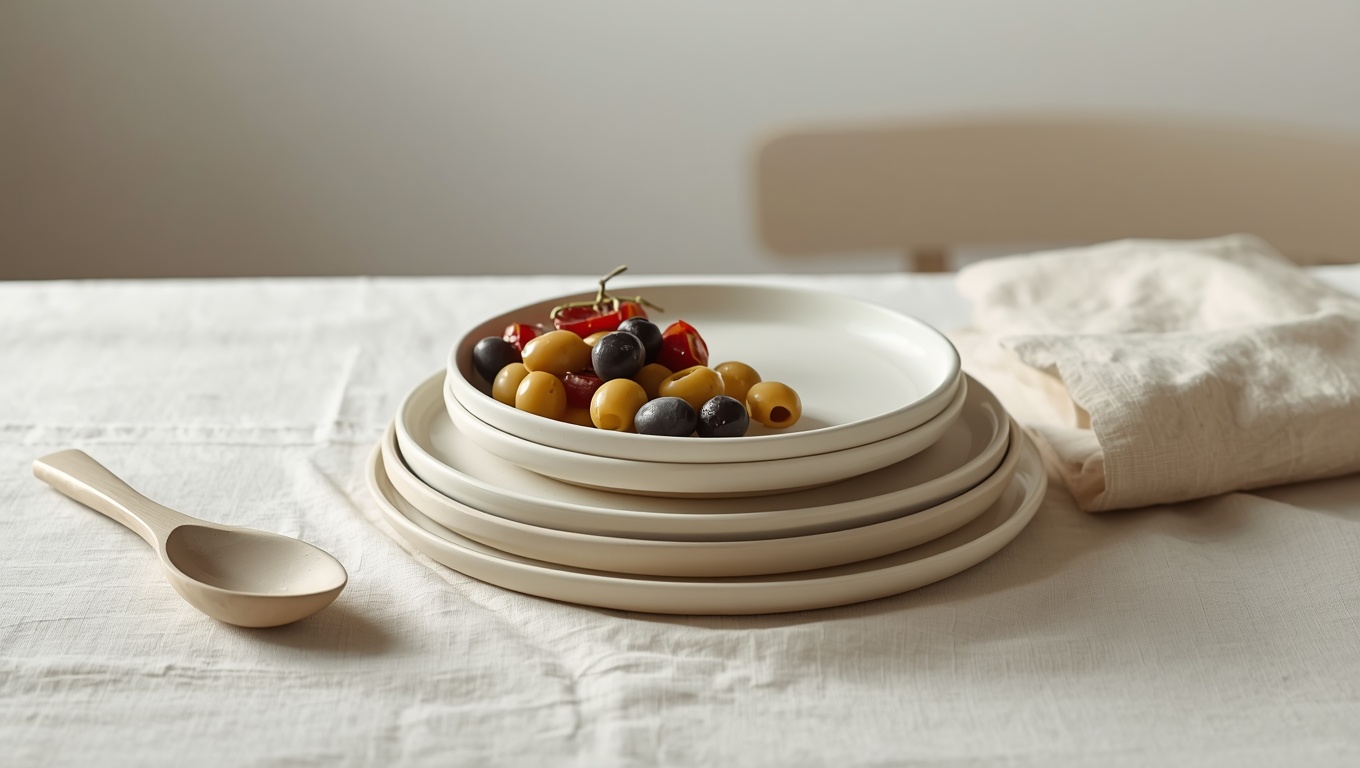 Stack of matte ceramic serving platters styled on a wood table with linen