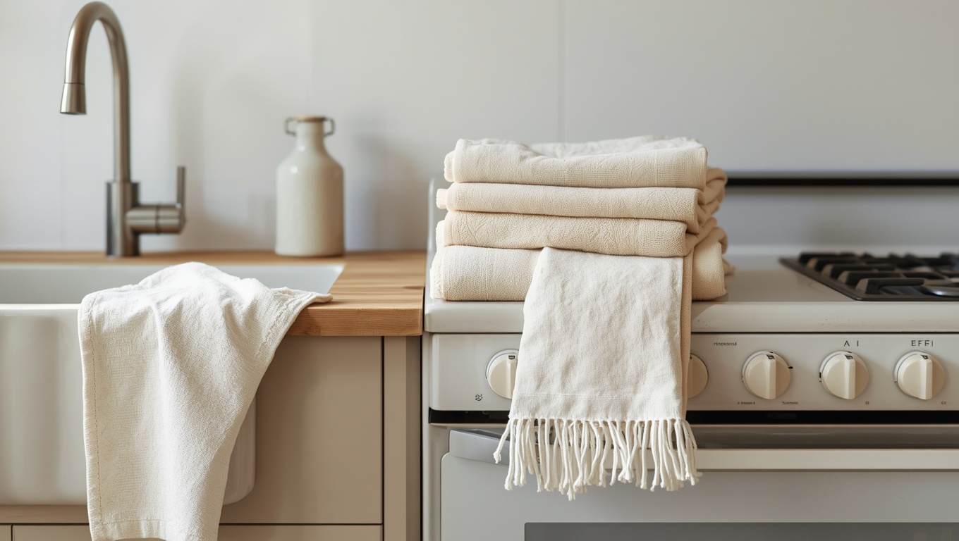 Undyed organic cotton kitchen towels draped over an oven handle