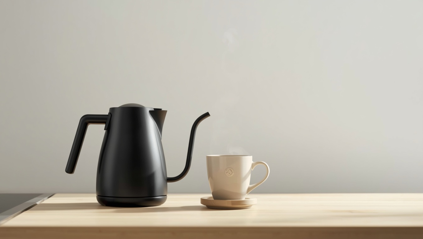 Matte gooseneck electric kettle styled on a light wood kitchen counter