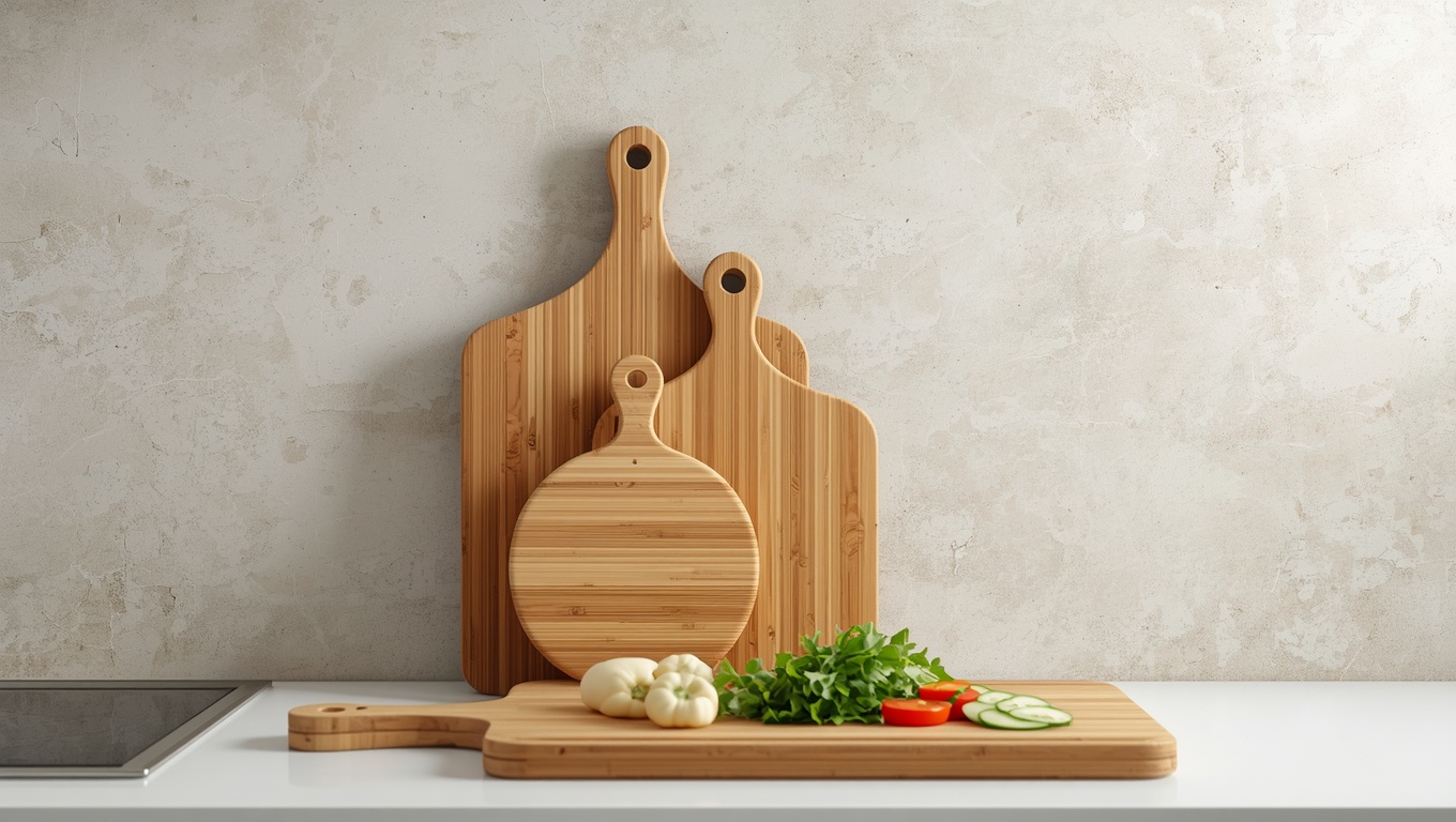 Graduated bamboo cutting boards leaning against a kitchen backsplash