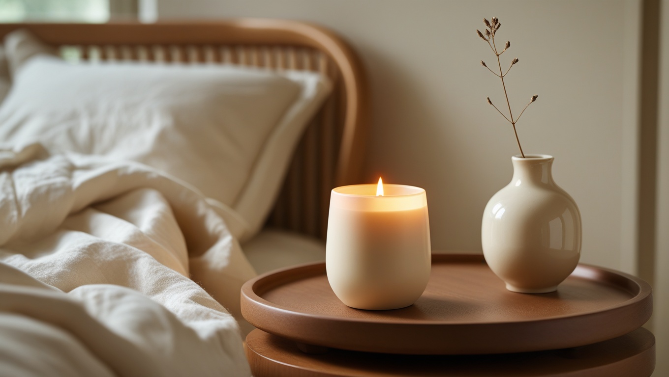 Lit WoodWick candle in a neutral jar on a wooden tray beside a ceramic vase on a minimalist Japandi nightstand