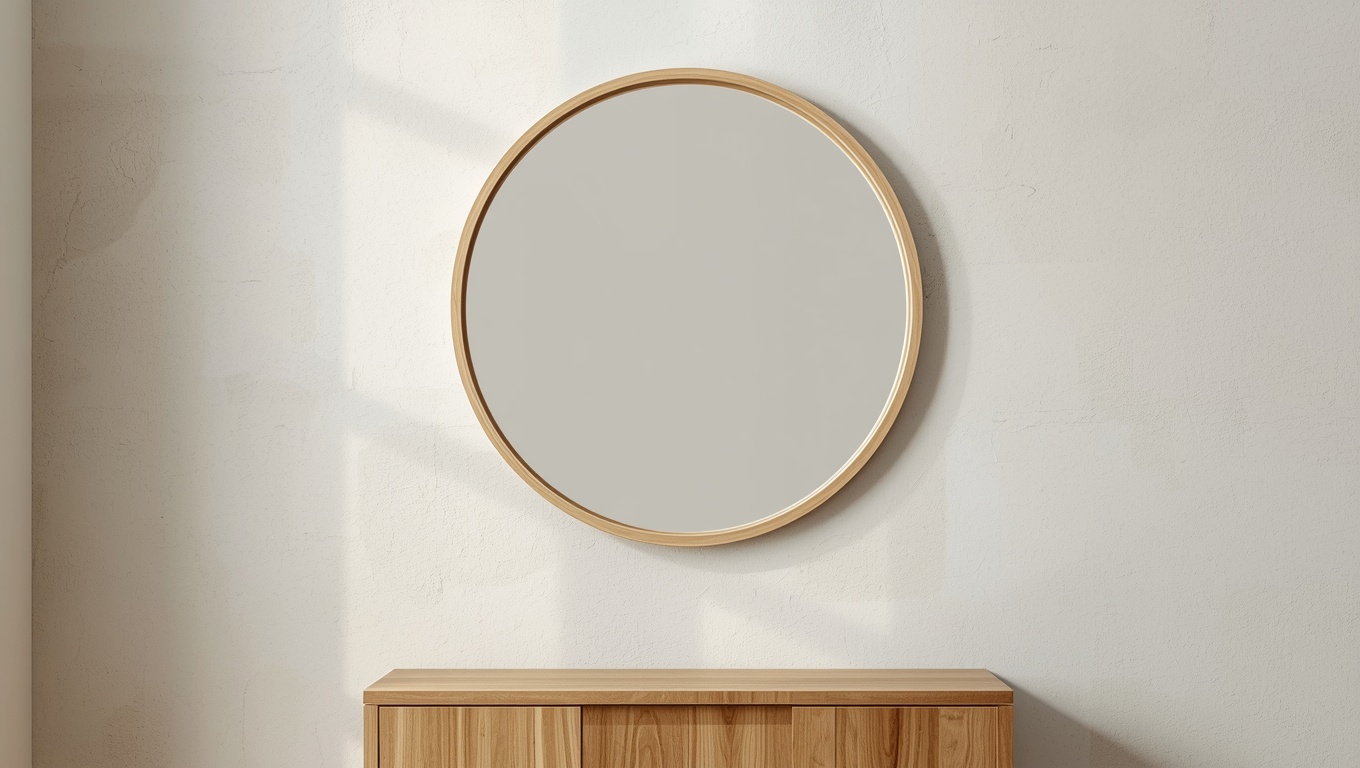 Round wood-framed mirror hanging above a console table in a neutral entryway