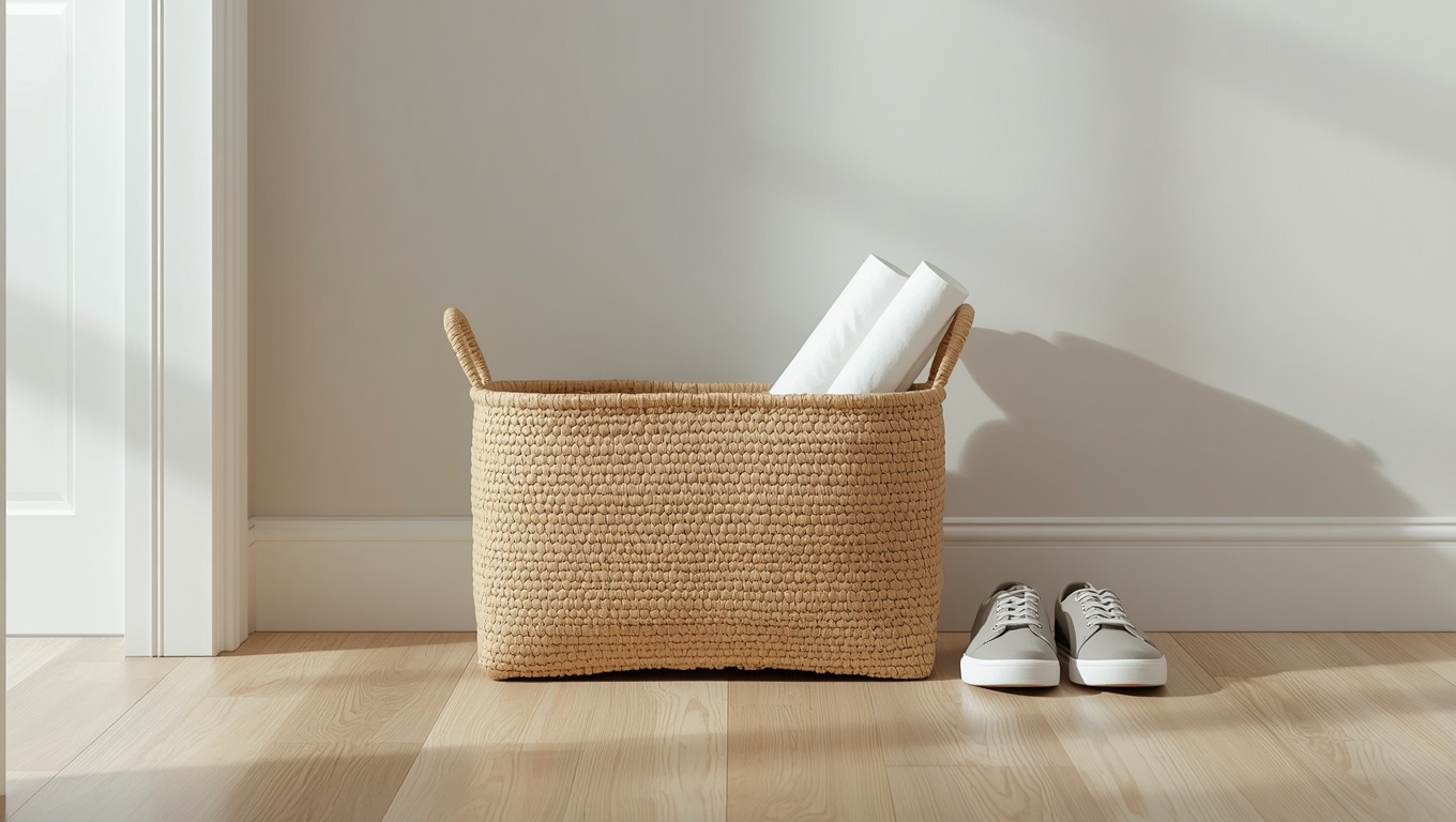 Handwoven seagrass storage basket on the floor of a neutral Japandi entryway