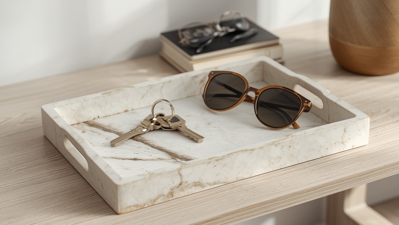 Matte ceramic catchall tray resembling travertine stone on a console table