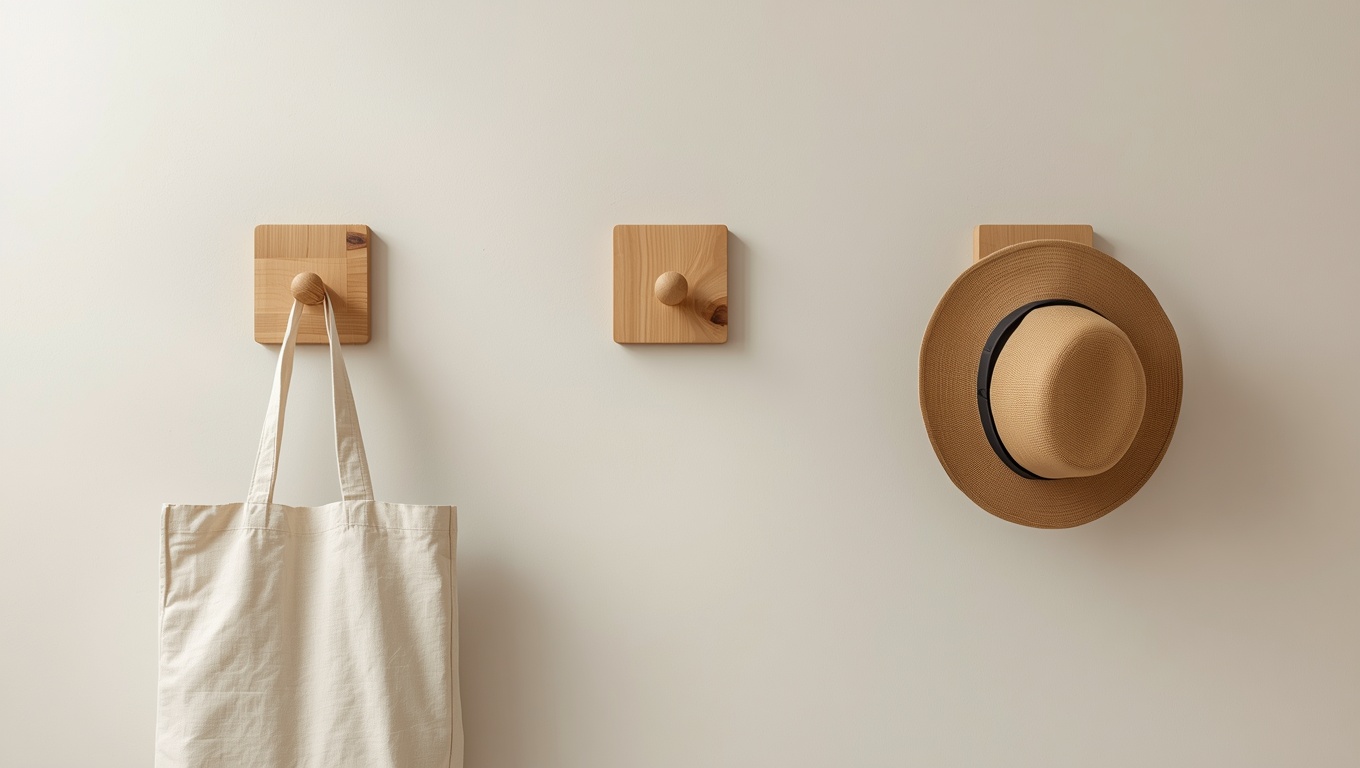 Set of minimalist natural wood wall hooks holding a bag near an entryway door