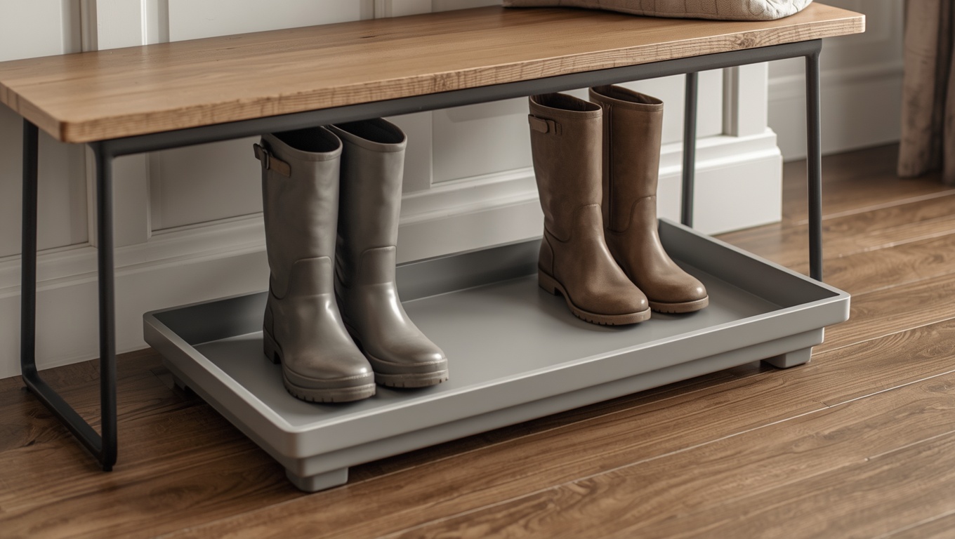 Neutral minimalist boot tray holding a pair of boots near an entryway bench