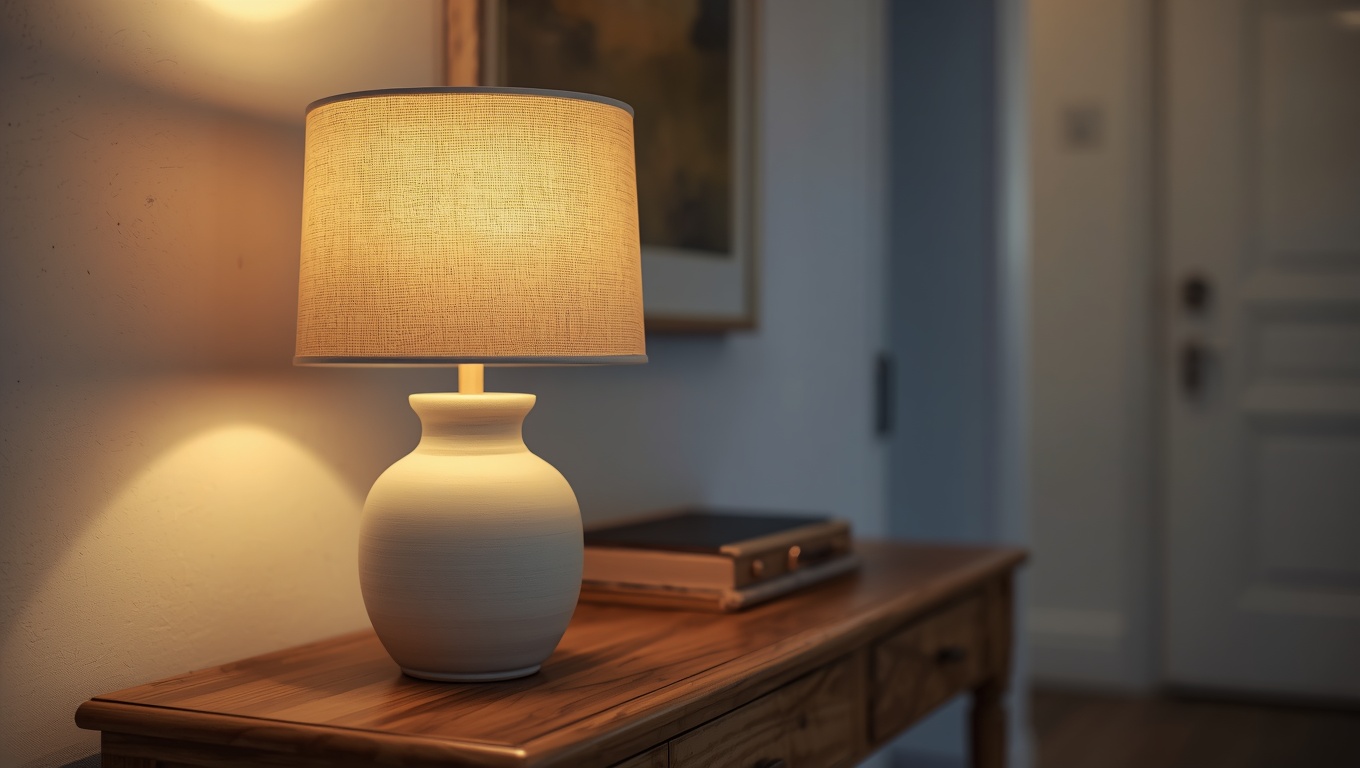 Small ceramic table lamp with a linen shade glowing on an entryway console