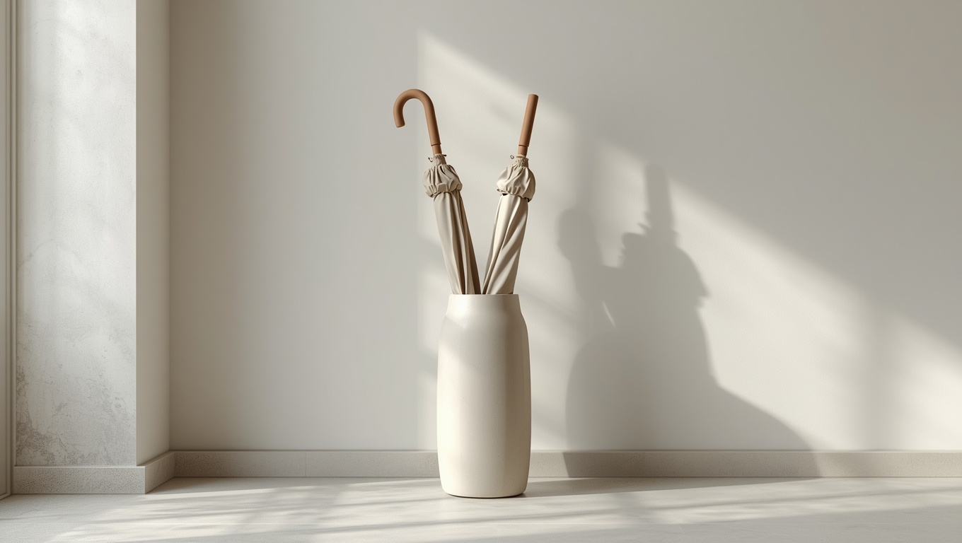 Matte ceramic umbrella stand holding umbrellas in a neutral entryway corner