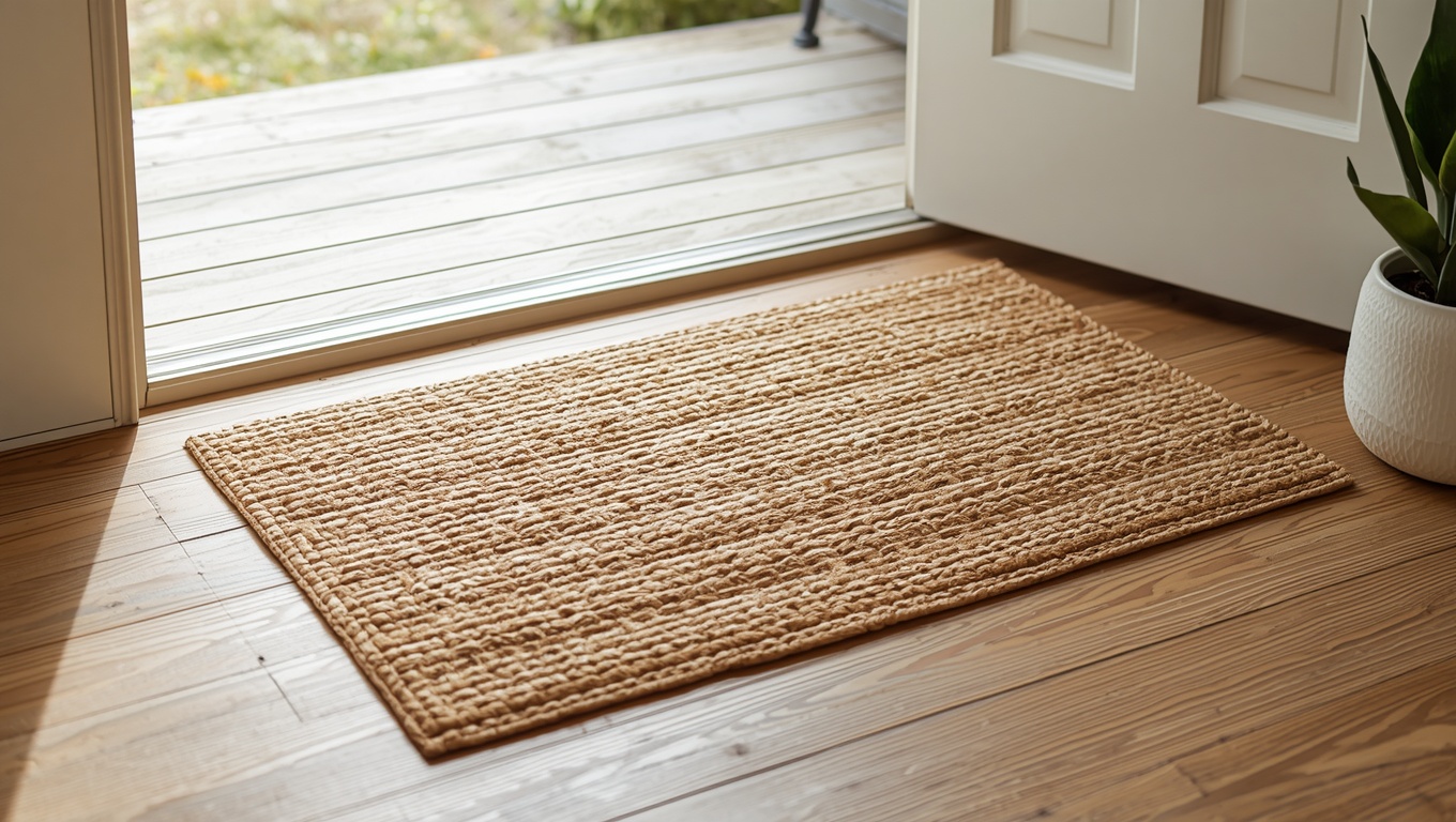 Woven natural cotton door mat laid inside a neutral Japandi entryway