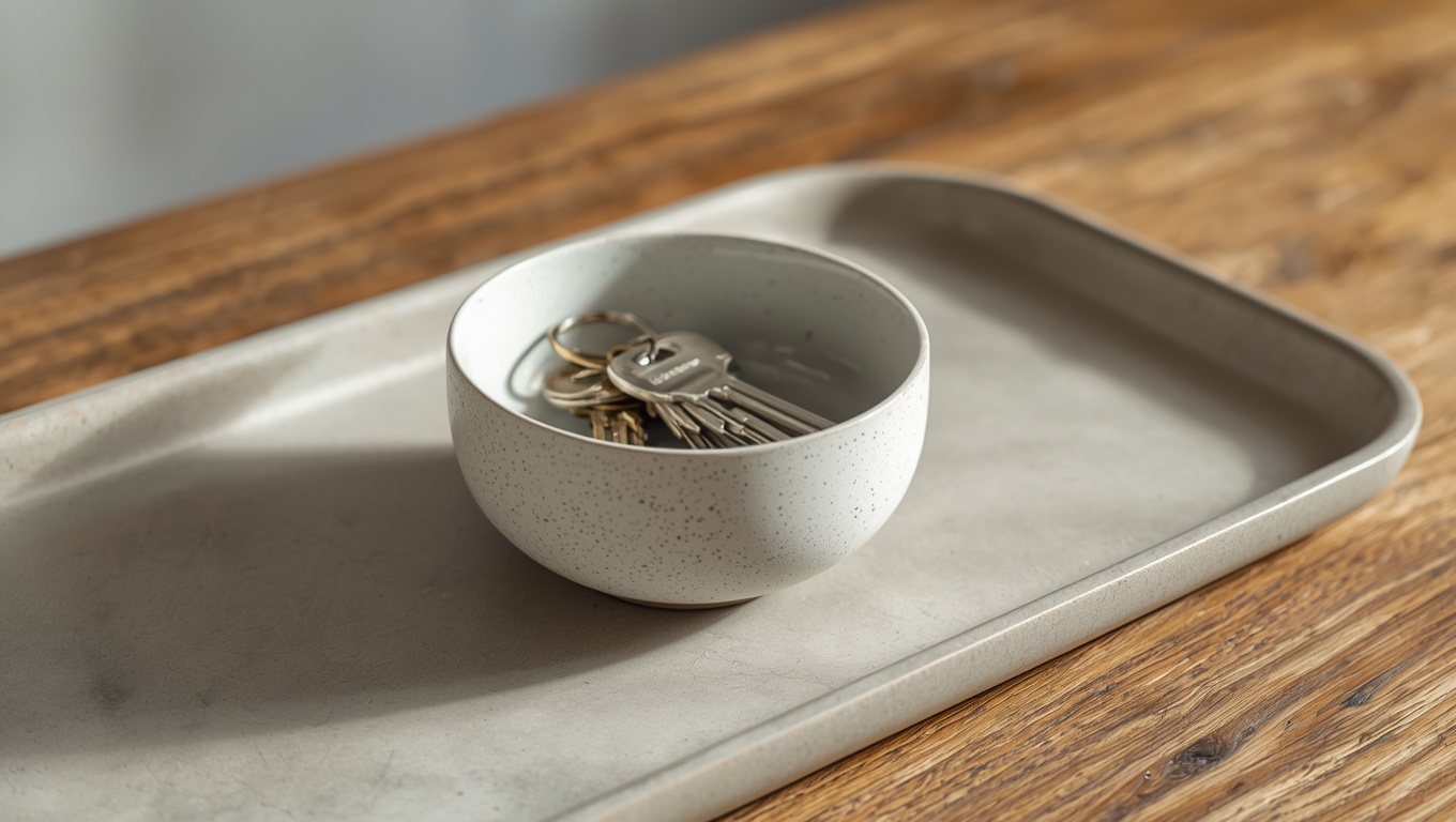 Small speckled stoneware bowl holding keys on a neutral entryway console