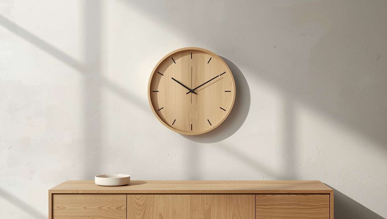 Minimalist flat wood wall clock hanging above a console table in a neutral entryway