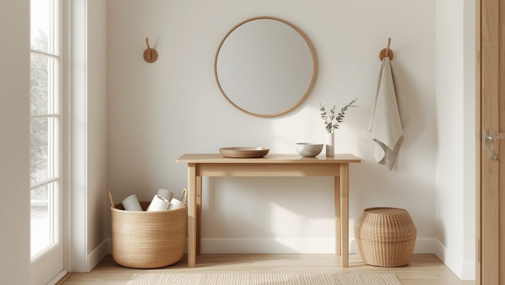 A minimalist Japandi entryway with a wood-framed mirror, console table, woven basket, and ceramic catchall tray in warm neutral tones