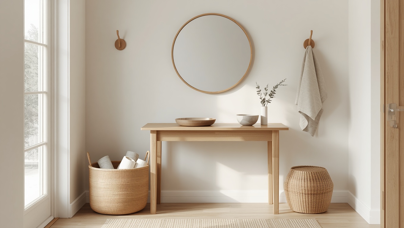 A minimalist Japandi entryway with a wood-framed mirror, console table, woven basket, and ceramic catchall tray in warm neutral tones